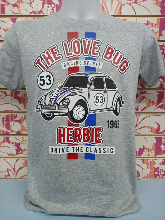 T-shirt streetwear grigia uomo in cotone con stampa Herbie, auto vintage e dettagli blu e rossi.