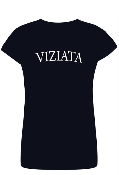 T-shirt donna streetwear nera in cotone pettinato con scritta bianca VIZIATA, stile urban