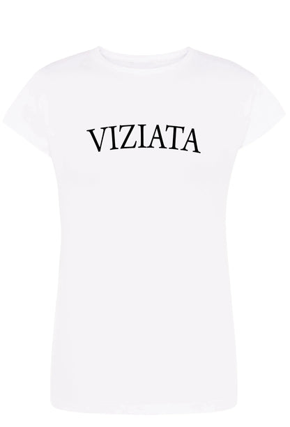 T-shirt donna bianca in cotone, scritta VIZIATA nera, stile streetwear urban.