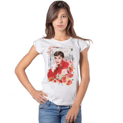 T-shirt donna bianca in cotone con stampa streetwear urbana, ritratto femminile, fiori colorati