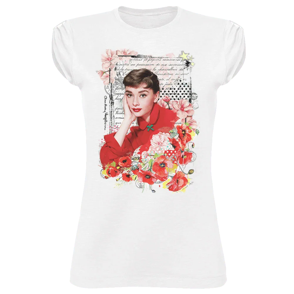 T-shirt donna bianca in cotone con stampa streetwear ritratto femminile floreale e dettagli urban