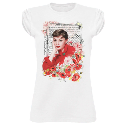 T-shirt donna bianca in cotone con stampa streetwear ritratto femminile floreale e dettagli urban