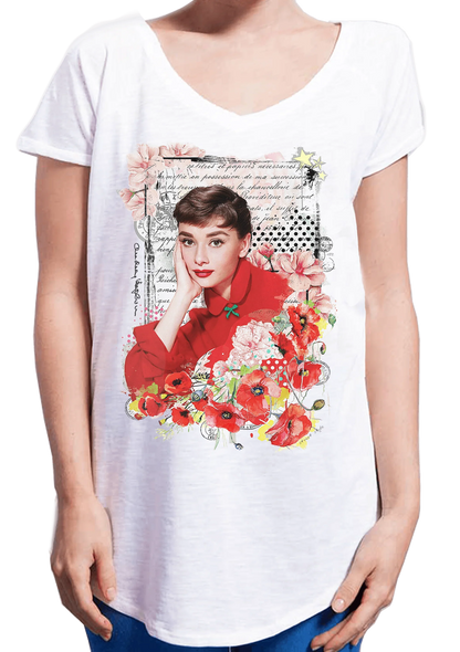 T-shirt donna bianca in cotone con stampa floreale streetwear e ritratto vintage, stile urban