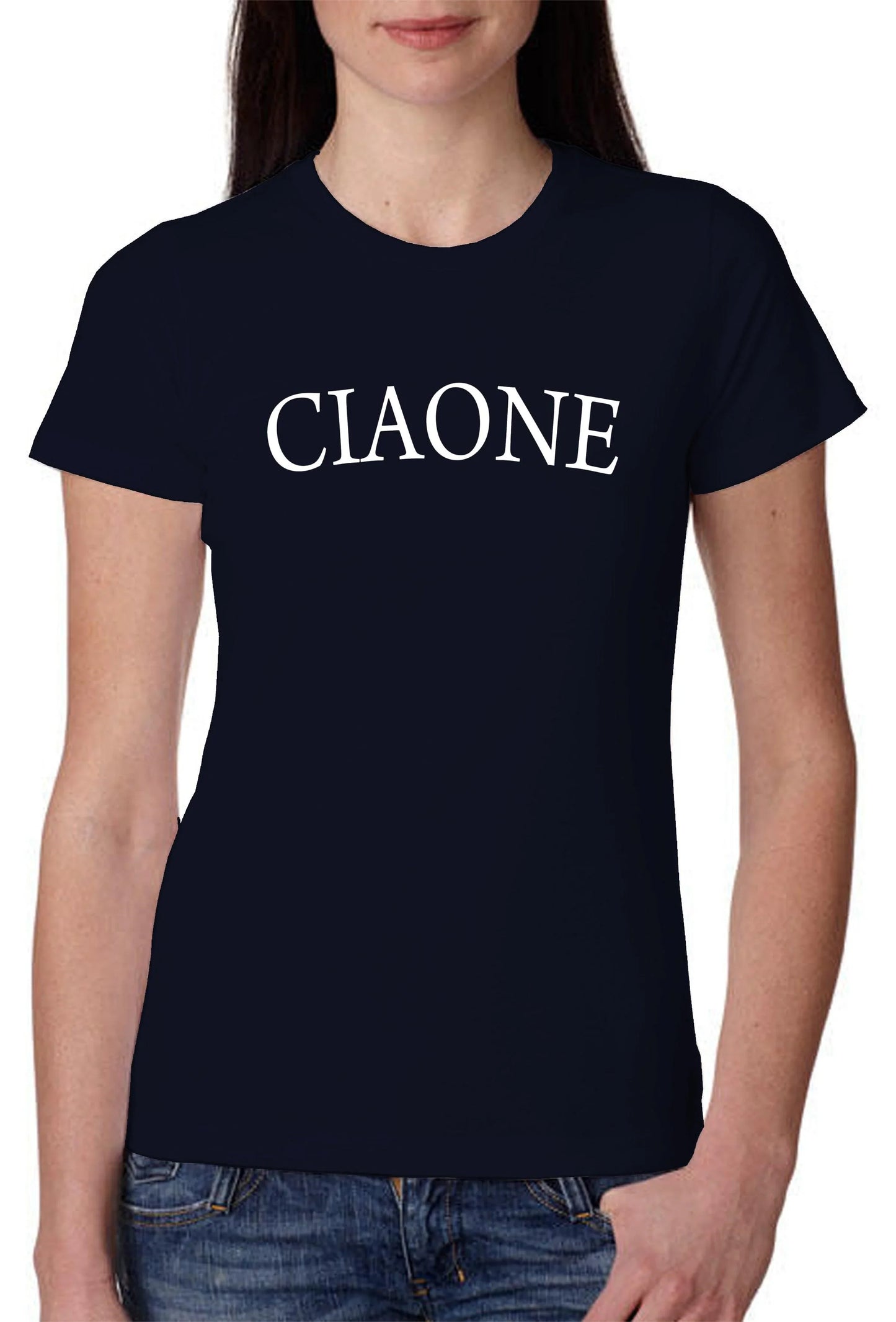 T-shirt donna streetwear nera in cotone pettinato, scritta bianca CIAONE, stile urban