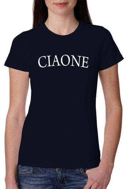 T-shirt donna streetwear nera in cotone pettinato, scritta bianca CIAONE, stile urban