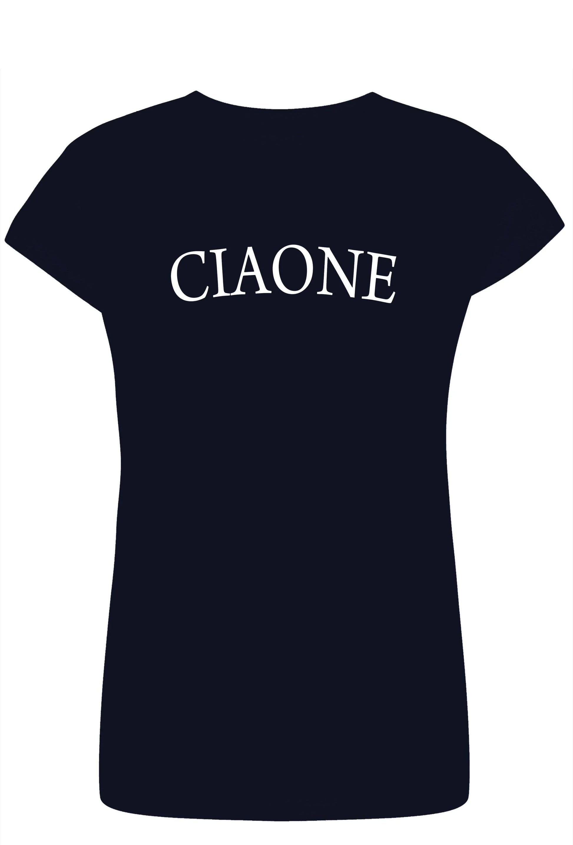 T-shirt donna streetwear nera in cotone pettinato con scritta bianca 'CIAONE' sul davanti.