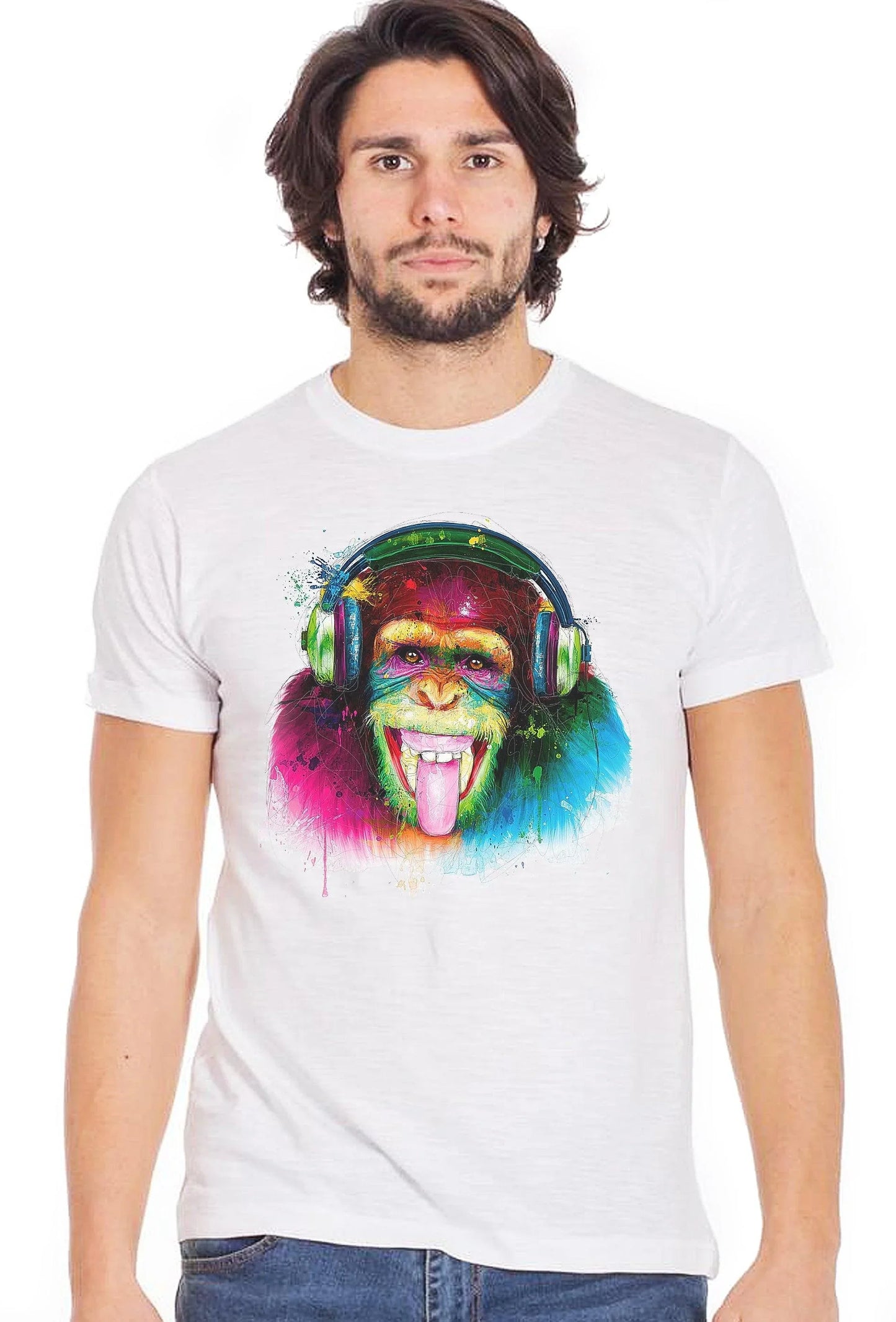 T-shirt uomo bianca cotone, stampa streetwear colorata di scimmia DJ con cuffie, stile urban