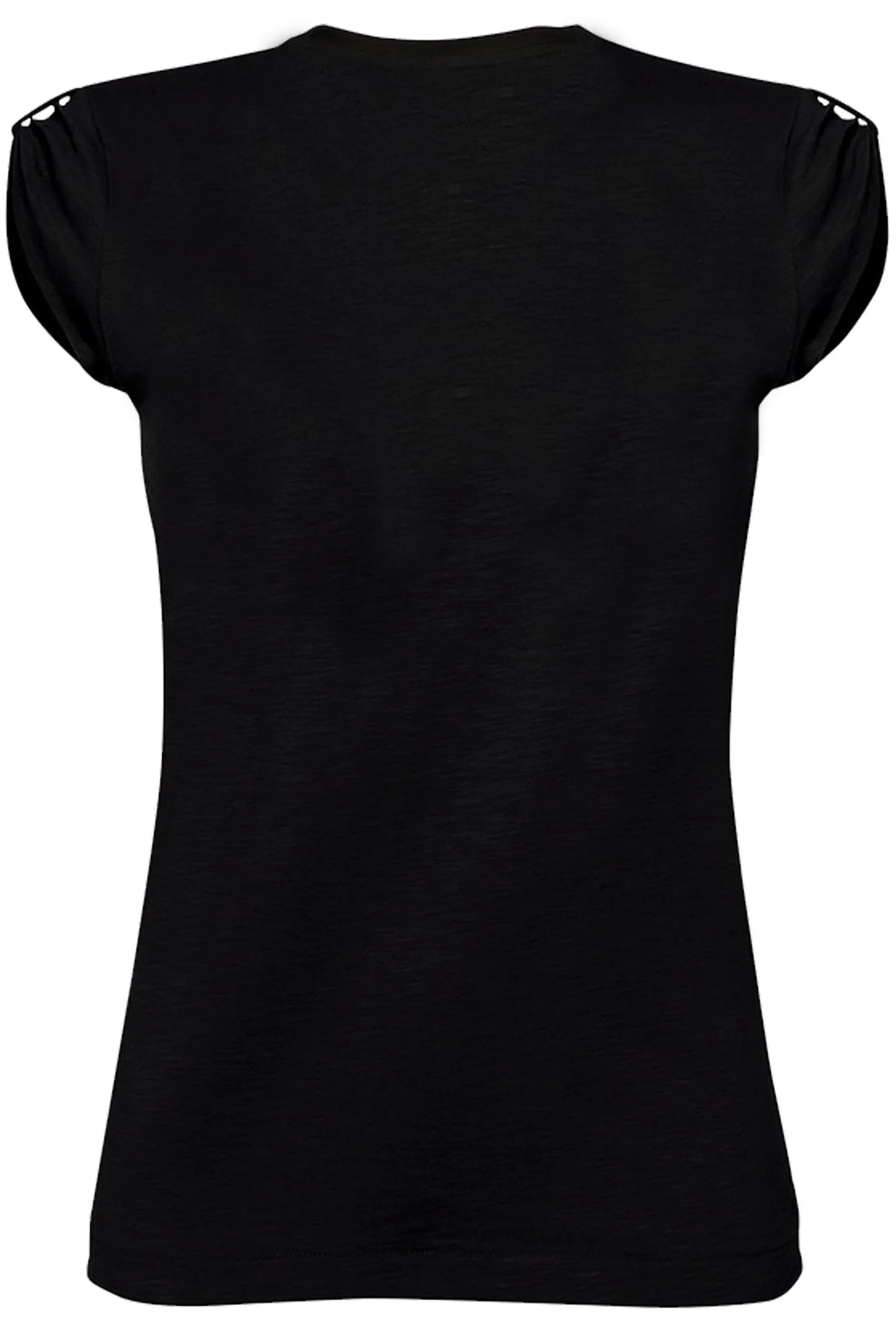 T-shirt nera da donna in cotone fiammato, stile streetwear urban, maniche corte con dettagli traforati.