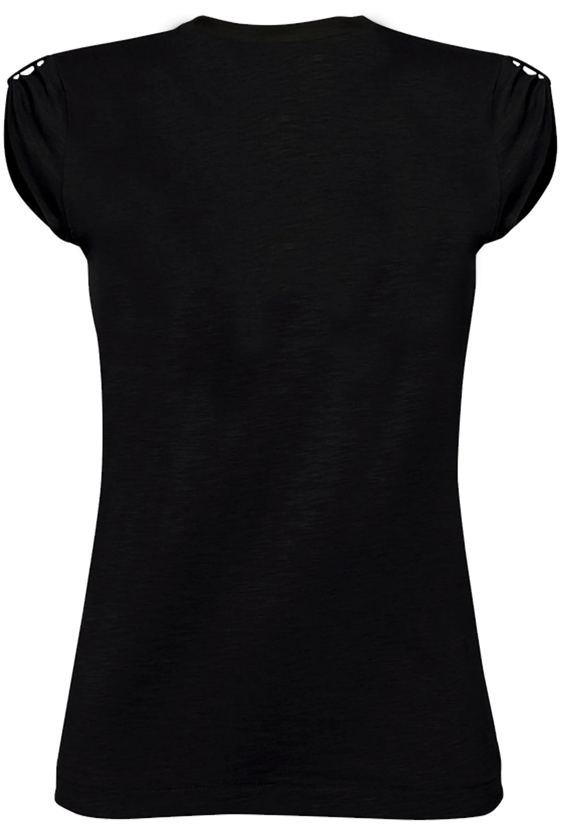 T-shirt nera da donna in cotone fiammato, stile streetwear urban, maniche corte con dettagli traforati.