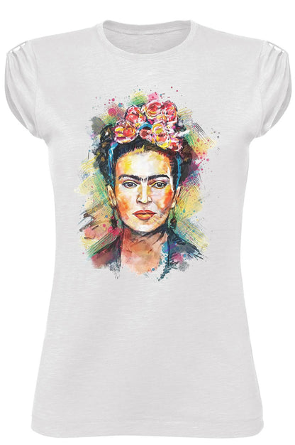 T-shirt donna bianca in cotone fiammato con stampa colorata stile urban streetwear, volto dipinto di donna con fiori tra i capelli.