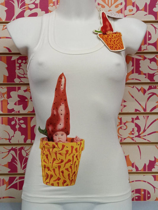 Canotta donna bianca streetwear con stampa colorata di bambino in vaso, stile urban e tessuto leggero.