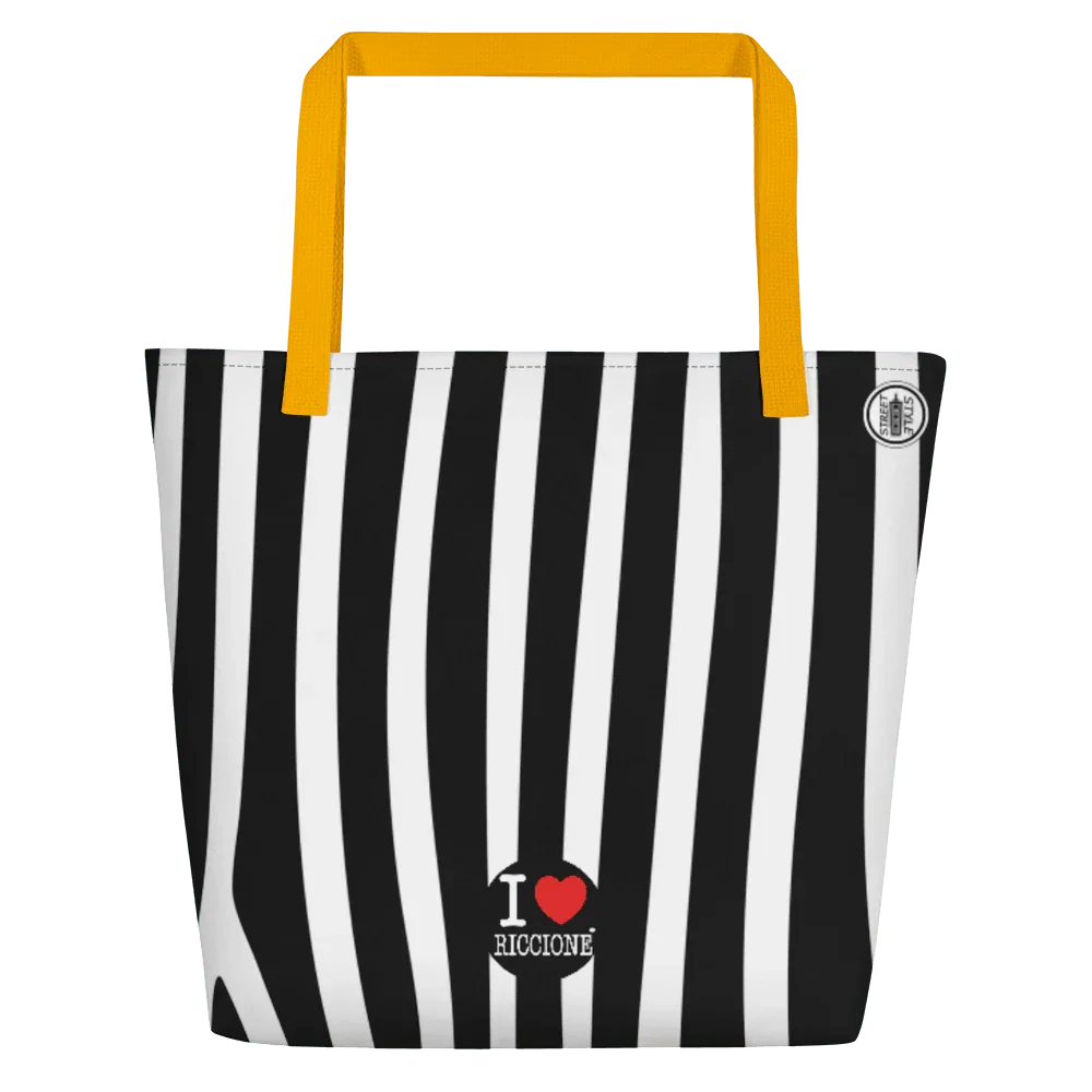 Borsa mare streetwear in tessuto, righe nere e bianche, manici gialli, scritta I love Riccione.