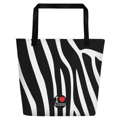 Borsa streetwear con motivo zebrato bianco e nero, scritta I love Riccione, manici neri