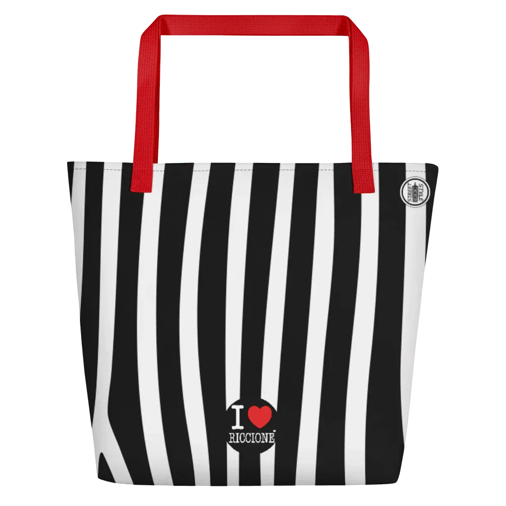 Borsa mare streetwear in tessuto con righe nere e bianche, manici rossi, stampa I love Riccione.
