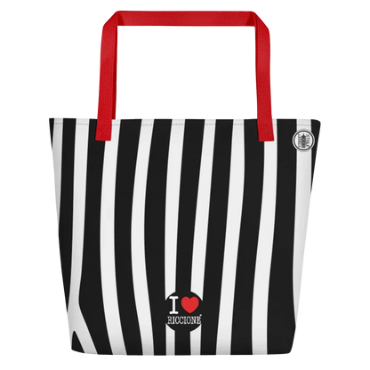 Borsa mare streetwear in tessuto con righe nere e bianche, manici rossi, stampa I love Riccione.