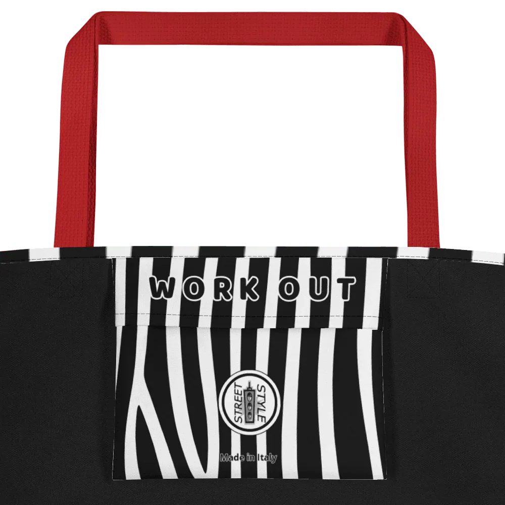 Borsa streetwear urban nera con manici rossi, tasca zebrata bianca e nera, scritta WORK OUT.