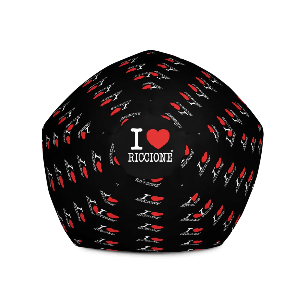 Pouf sacco nero streetwear con stampa 'I love Riccione' bianca e cuore rosso, stile urban