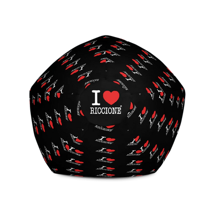Pouf sacco nero streetwear con stampa 'I love Riccione' bianca e cuore rosso, stile urban