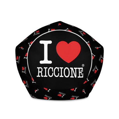 Pouf nero streetwear con scritta I love Riccione, grafica bianca e cuore rosso, stile urban