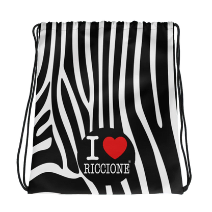 Sacca zaino streetwear urban in tessuto, fantasia zebrata bianca e nera con scritta I love Riccione.