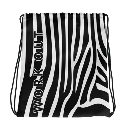 Sacca streetwear urban in tessuto, fantasia zebrata bianca e nera, scritta WORK OUT