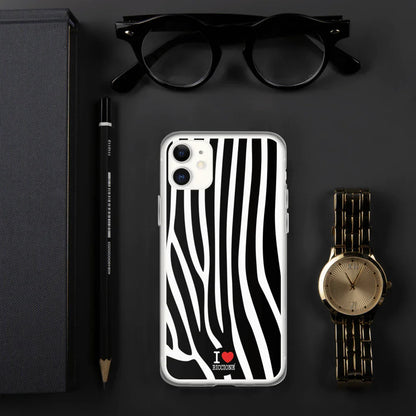 Cover iPhone streetwear urban, motivo zebrato bianco e nero, scritta I love Riccione, materiale plastico