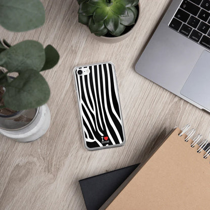 Cover iPhone streetwear stile urban con motivo zebrato bianco e nero e scritta I love Riccione