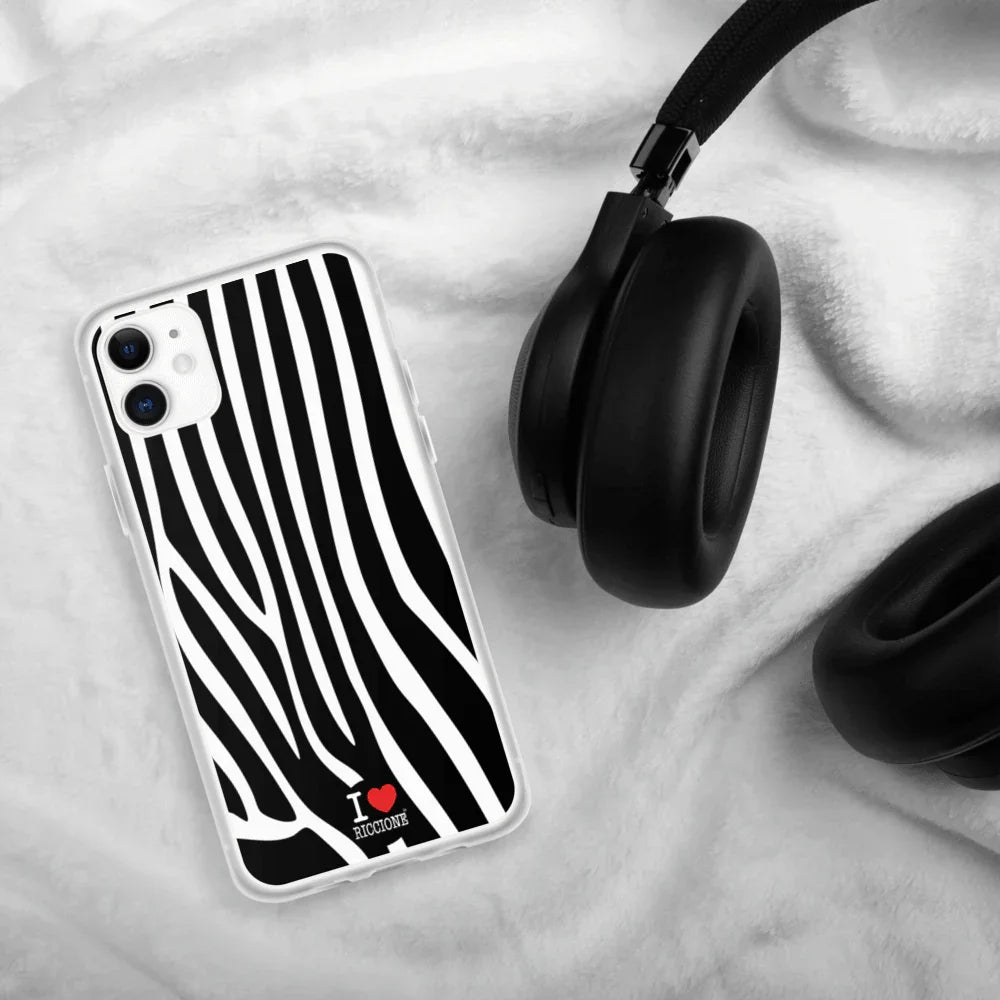 Custodia iPhone streetwear urban in plastica, fantasia zebrata bianco e nero, scritta I Love Riccione
