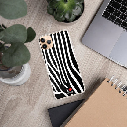 Custodia iPhone street style con design zebrato bianco e nero, scritta I love Riccione, stile urban.