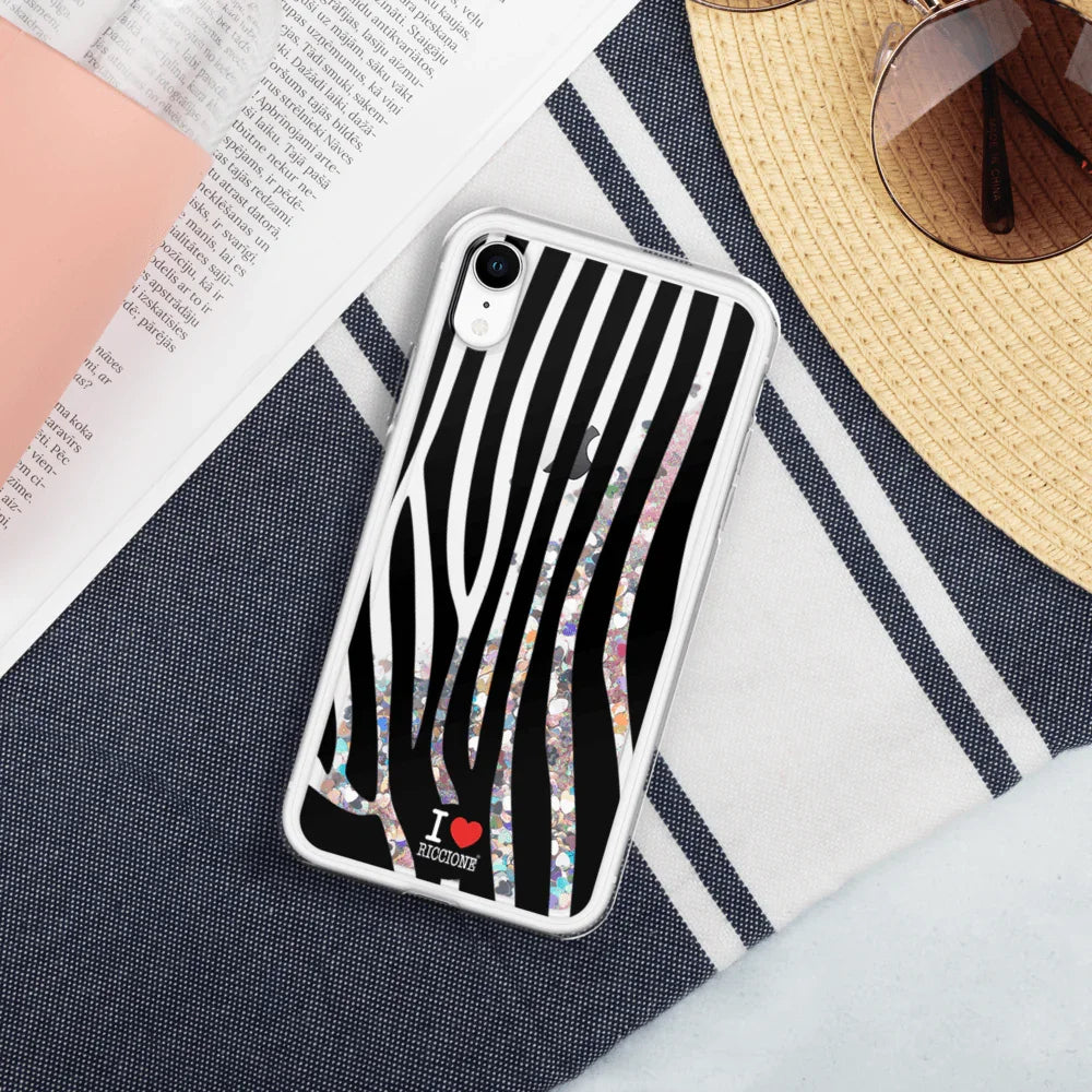Cover glitter liquido per smartphone, motivo zebrato bianco e nero, stile streetwear urban.