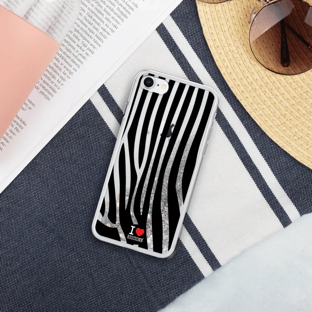 Custodia per telefono streetwear glitterata con motivo zebra nero-bianco e scritta I love Riccione