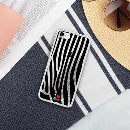 Custodia per telefono streetwear glitterata con motivo zebra nero-bianco e scritta I love Riccione