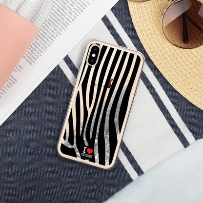 Cover per smartphone streetwear urban, motivo zebrato nero e glitter argento, scritta I love Riccione.