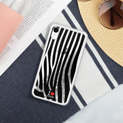 Cover per smartphone streetwear urban in plastica trasparente con glitter liquido, fantasia zebrate nere e scritta I love Riccione.