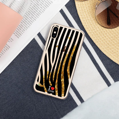 Cover telefono streetwear trasparente con glitter liquido oro, motivo zebrato nero e scritta I love Riccione