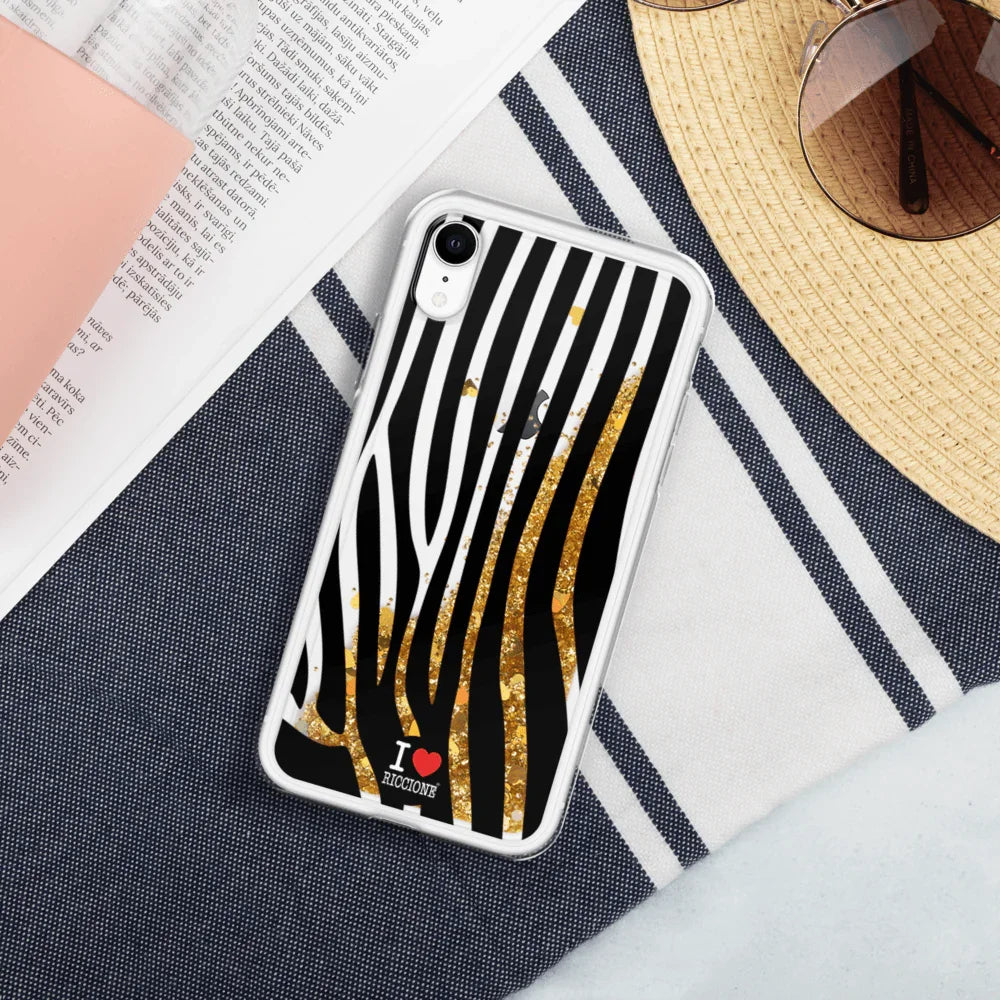 Cover telefono liquida glitter trasparente con motivo zebrato bianco, nero e oro, stile streetwear urban