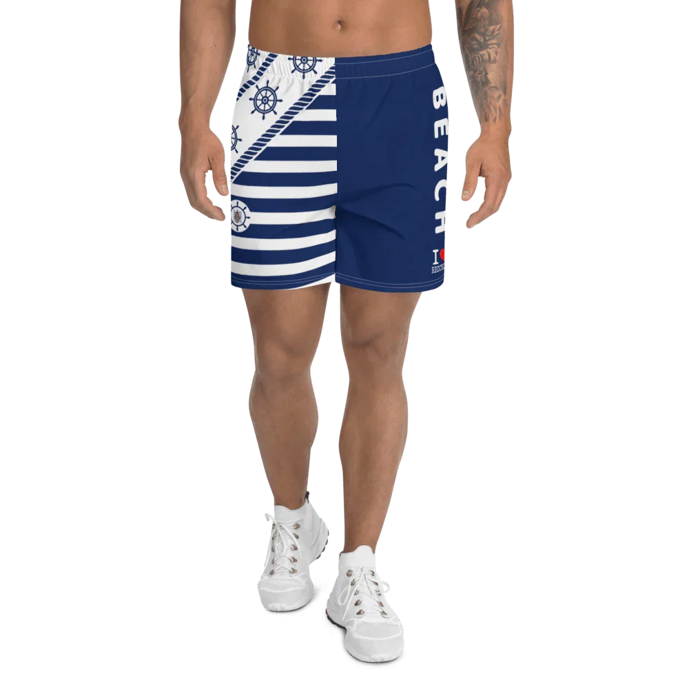 Shorts uomo streetwear blu e bianchi con righe, timoni marini e scritta BEACH, stile urban