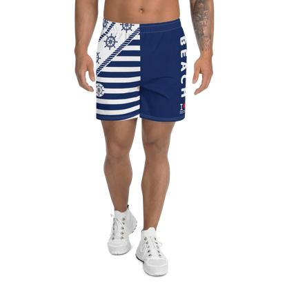 Shorts uomo streetwear blu e bianchi con righe, timoni marini e scritta BEACH, stile urban