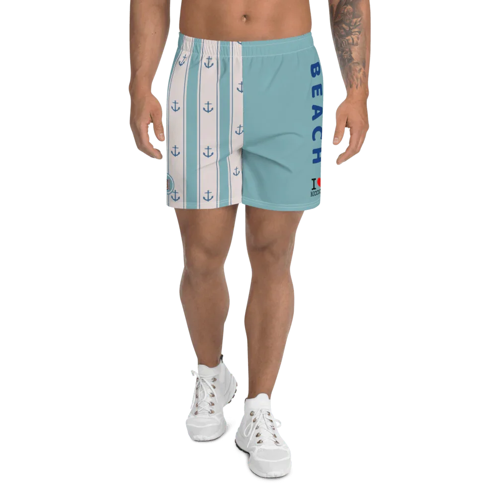 Shorts uomo streetwear azzurri con stampa ancore blu, dettagli BEACH e I Love Riccione, stile urban