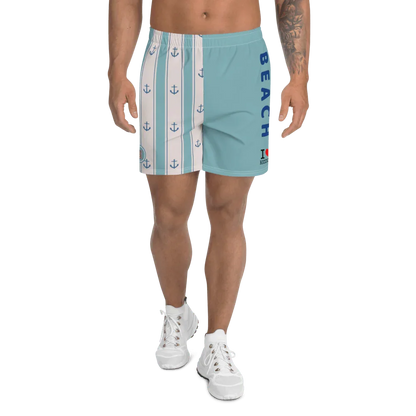 Shorts uomo streetwear azzurri con stampa ancore blu, dettagli BEACH e I Love Riccione, stile urban