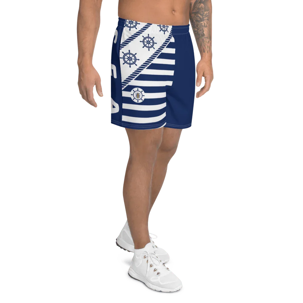Shorts uomo streetwear blu con dettagli bianchi, fantasia a righe e stampe timoni stile urban