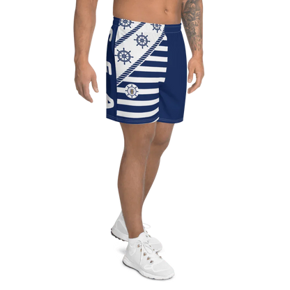 Shorts uomo streetwear blu con dettagli bianchi, fantasia a righe e stampe timoni stile urban