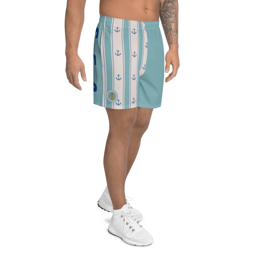 Shorts streetwear uomo azzurri e bianchi con ancore blu, stile urban, tessuto leggero