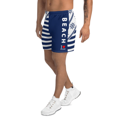 Shorts uomo blu navy stile streetwear con righe bianche, dettagli marini e scritta BEACH.