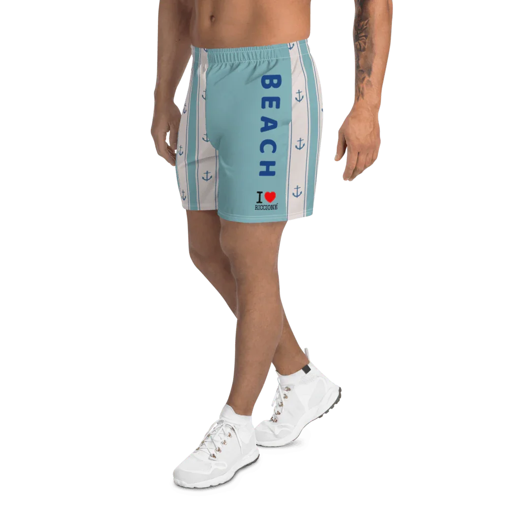 Shorts streetwear uomo azzurri con scritta BEACH, dettagli ancora e stampa I love Riccione, stile urban