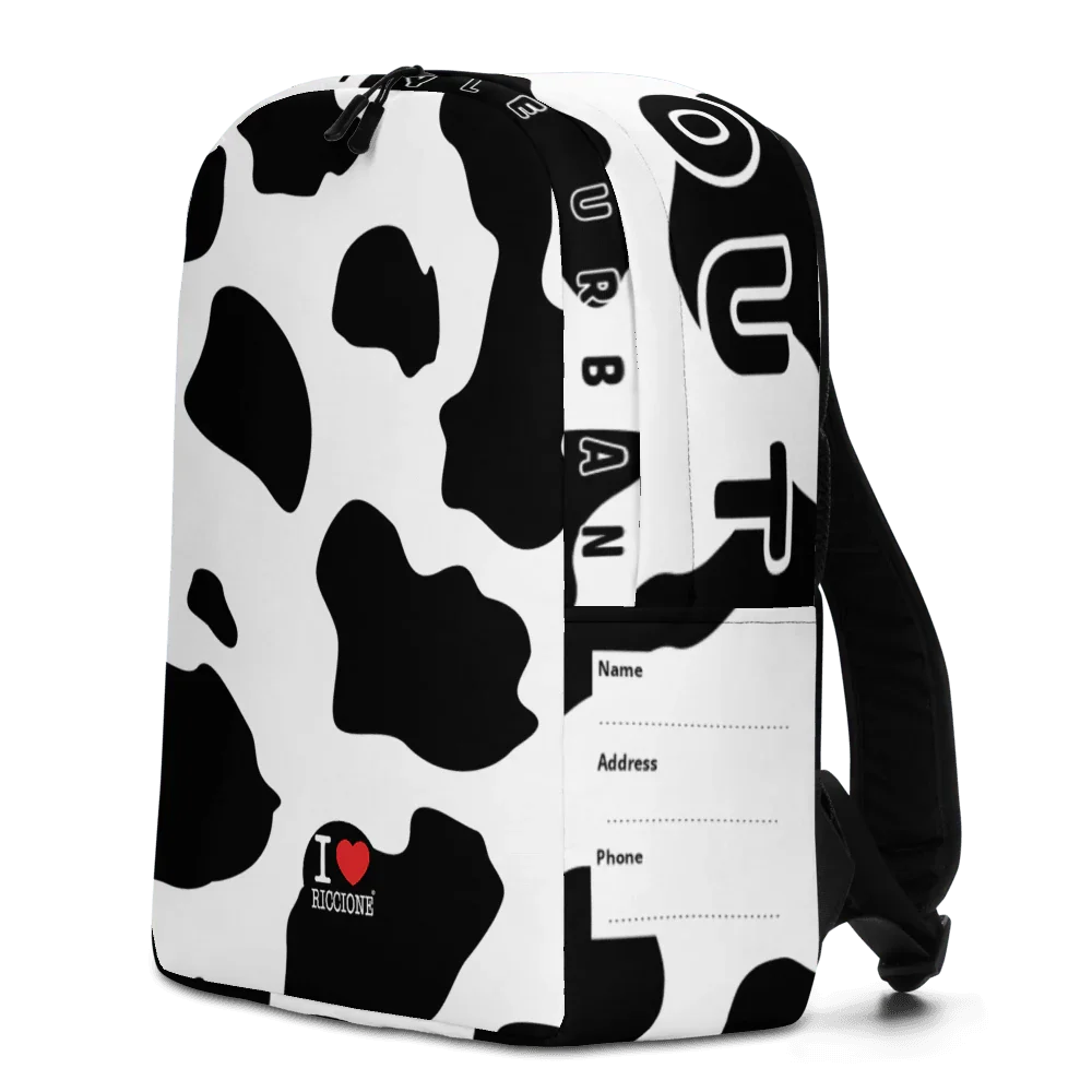 Zaino streetwear urban in tessuto bianco e nero con motivo maculato, scritta 'I love Riccione' e dettagli per informazioni personali.