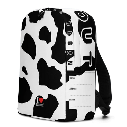 Zaino streetwear urban in tessuto bianco e nero con motivo maculato, scritta 'I love Riccione' e dettagli per informazioni personali.