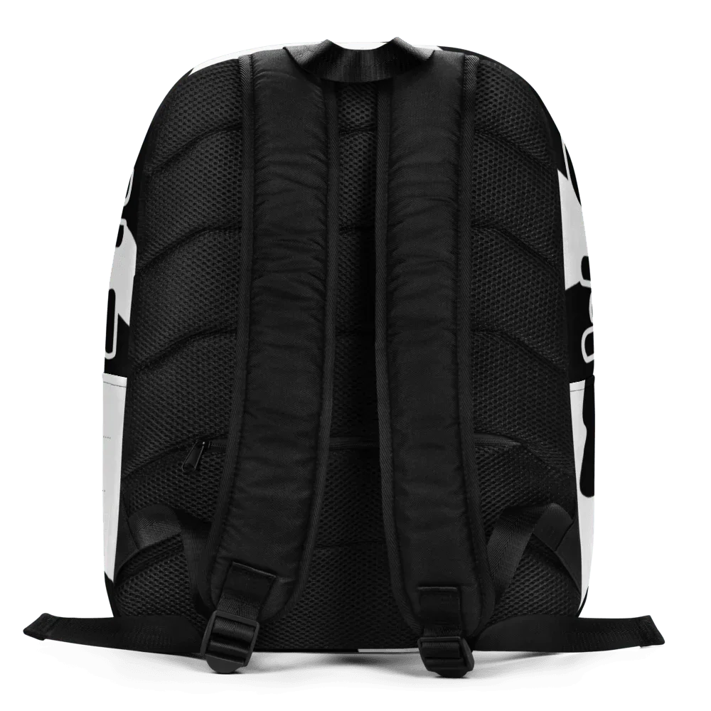 Zaino streetwear nero con spallacci imbottiti e dettagli bianchi, stile urban minimalista.