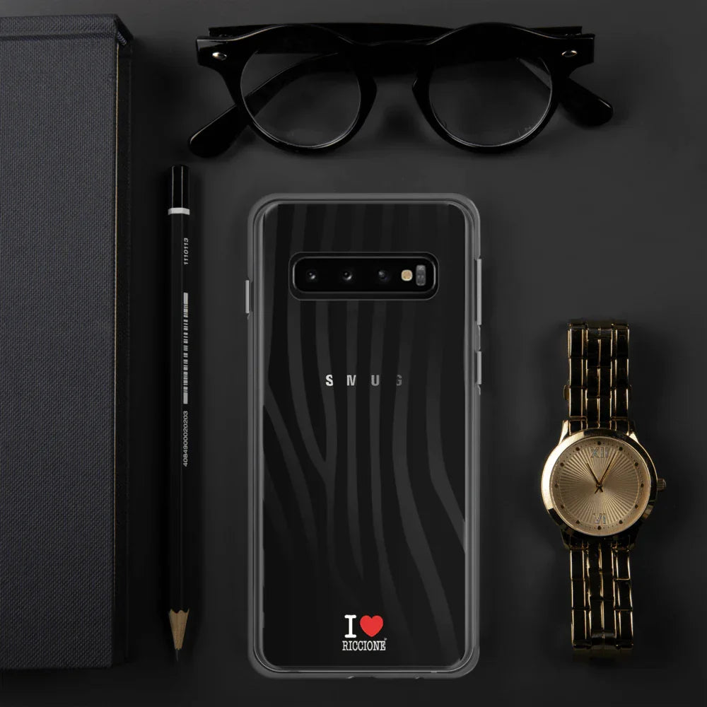 Cover Samsung trasparente con scritta I love Riccione, motivo zebrato nero, stile streetwear urban.