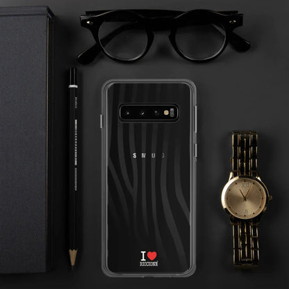Cover Samsung trasparente con scritta I love Riccione, motivo zebrato nero, stile streetwear urban.